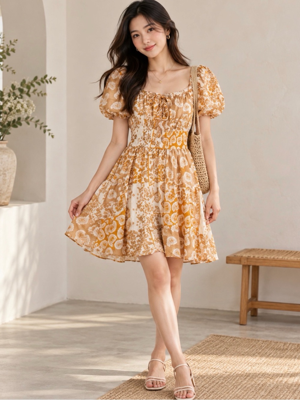 Francesca's Collections Sunflower Yellow Floral Puff-Sleeve Mini Dress